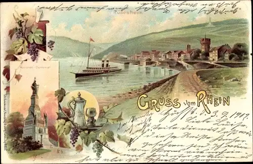 Litho Rüdesheim am Rhein, Teilansicht vom Ort, Nationaldenkmal, Salondampfer