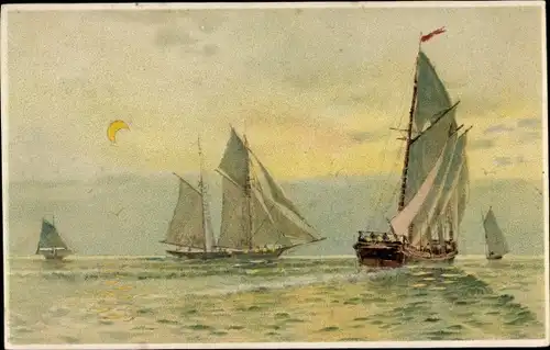 Litho Segelschiffe auf See