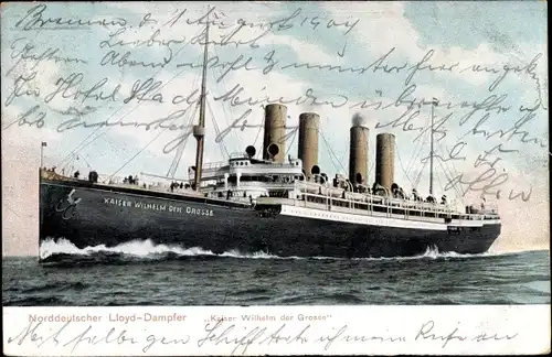 Ak Dampfer Kaiser Wilhelm der Große, Norddeutscher Lloyd Bremen, Schnelldampfer