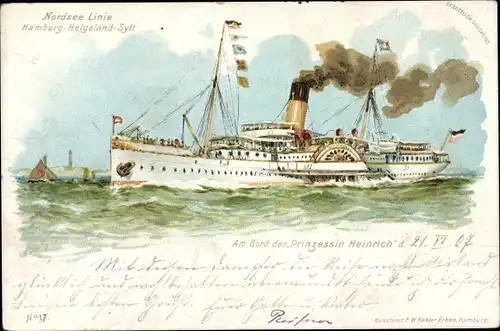 Litho Prinzessin Heinrich, Seitenraddampfer, Seebäderschiff Nordseelinie Hamburg Helgoland Sylt