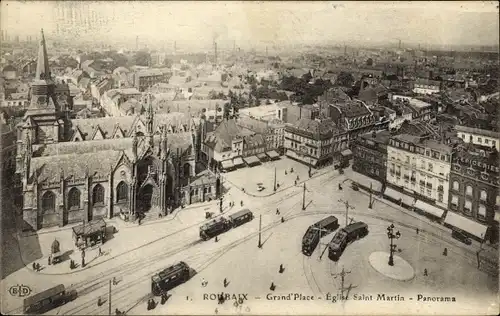 Ak Roubaix Nord, Grande Place, Eglise Saint Martin, Panorama