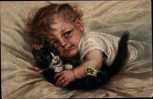 Künstler Ak Borrmeister, R., Gespielen, Kleinkind mit Katze