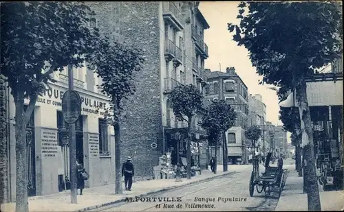 Ak Alfortville Val de Marne, Banque Populaire et Rue de Villeneuve