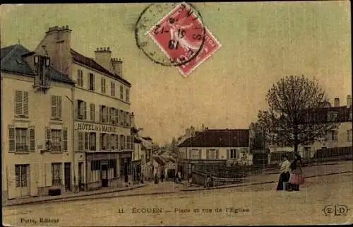Ak Ecouen Val d’Oise, Place et rue de l'Eglise, Hoetl de la Mairie