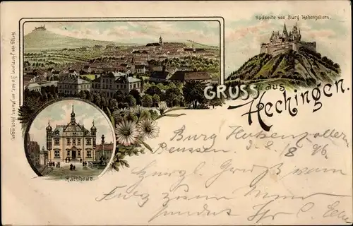 Litho Hechingen in Baden Württemberg, Burg Hohenzollern, Rathaus, Totalansicht