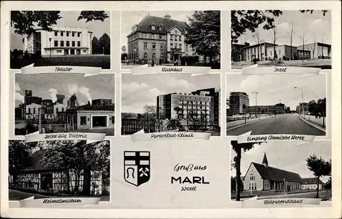 Ak Marl im Ruhrgebiet, Stadtwappen, Rathaus, Insel, Chemische Werke, Feierabendhaus, Heimatmuseum