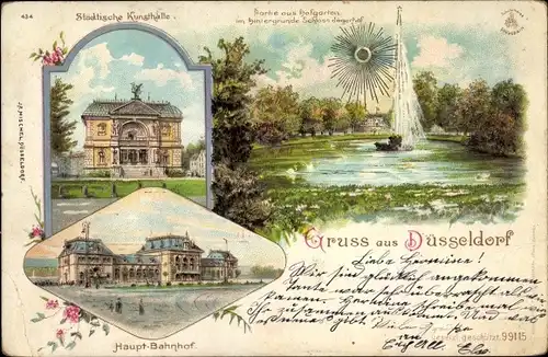 Präge Sonnenschein Litho Düsseldorf am Rhein, Hofgarten, Schloss Jägerhof, Kunsthalle, Hauptbahnhof