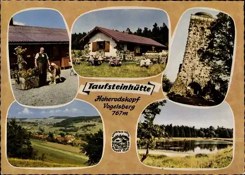 Ak Schotten im Vogelsbergkreis Hessen, Taufsteinhütte, Mann mit Hund, Hoherodskopf, Turm, See