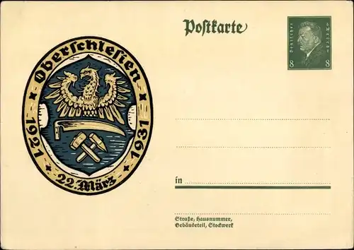 Ganzsachen Ak Oberschlesien, 22 März, 1921 bis 1931, Wappen, 8 Pfennig