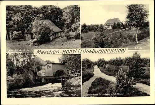 Ak Maschen Horst Seevetal in Niedersachsen, alte Räucherkate, Schule, Horster Mühle