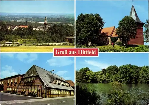 Ak Hittfeld Seevetal in Niedersachsen, Teilansicht, Kirche, Gewässer, Spielbank, Fachwerk