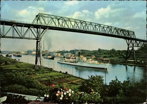 Ak Nord- Ostseekanal mit Hochbrücke, Zerstörer bei Durchfahrt, Deutsches Kriegsschiff, Bundesmarine