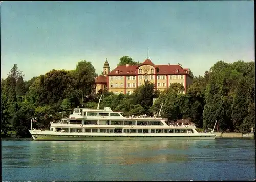 Ak Insel Mainau im Bodensee, Salonschiff München der Deutschen Bundesbahn, Deutschordensschloss