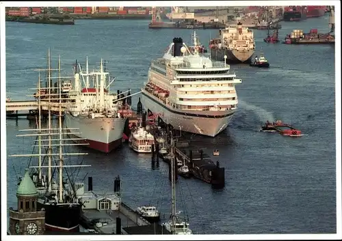 Ak Hamburg, Hafen, Frachter, Schlepper und Kreuzfahrtschiff