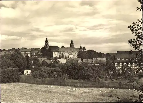 Ak Schleusingen in Thüringen, Schloss, Kirche, Fachwerkhaus, Entenwiese, Panoramaansicht