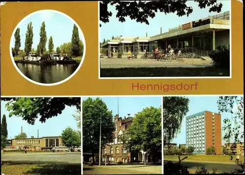 Ak Henningsdorf im Kreis Oberhavel, Hafen, Konsum Kaufhaus, Bahnhof, Rathaus, Hochhaus