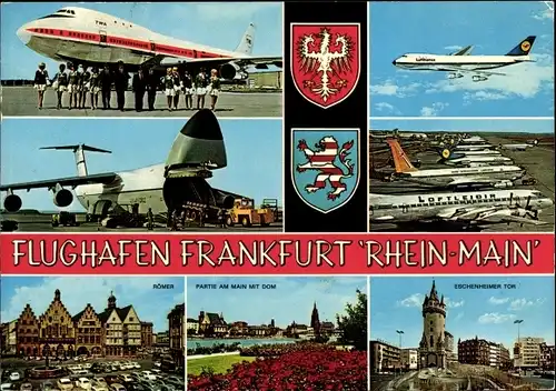 Ak Frankfurt am Main, Flughafen, Passagierflugzeuge, Lufthansa, Römer, Dom, Eschenheimer Tor