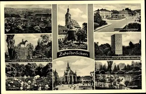 Ak Zweibrücken in der Pfalz, Rosengarten, Alexanderkirche, Denkmal