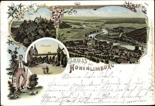 Litho Hohenlimburg Hagen in Westfalen, Schloss, Schlosshof, Panorama mit Stadt und Umgebung