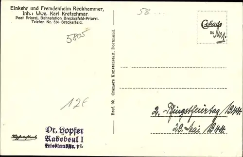 Ak Breckerfeld Priorei Nordrhein Westfalen, Fremdenheim Reckhammer, Straßenansicht, Autos