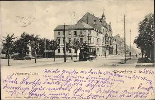 Ak Gevelsberg im Ruhrgebiet, Hagener Straße, Hotel Kaiserhof, Straßenbahn, Denkmal