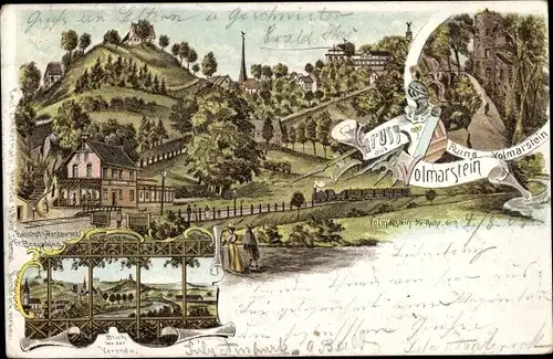 Litho Volmarstein Wetter an der Ruhr, Ruine, Stadtpanorama, Dampflok, Restaurant