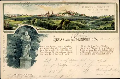 Gedicht Litho Lüdenscheid im Märkischen Kreis, Kaiser Denkmal, Panorama