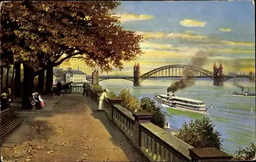 Künstler Ak Hoffmann, H., Bonn in Nordrhein Westfalen, Blick vom alten Zoll, Brücke, Fluss, Boot