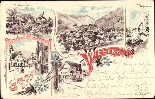 Vorläufer Litho Wiesensteig in Baden Württemberg, Drachenstein, Ruine, Totale, Gasthof zur Post