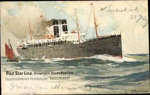 Künstler Ak Cassiers, H., T.S.S. Kroonland, Red Star Line, Antwerp Dover New York