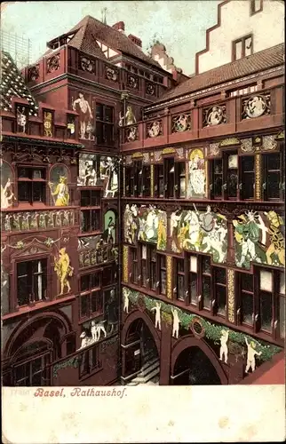 Ak Bâle Basel Stadt Schweiz, Rathaushof, Wandmalereien