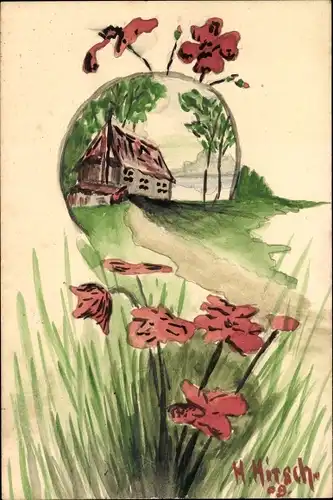Handgemalt Künstler Ak Hirsch, H., Landschaft, Haus, Blüten