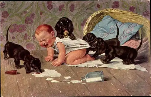 Künstler Ak Roeseler, A., Ein Überfall, Weinendes Kleinkind, Dackel, Hundewelpen, Milchflasche