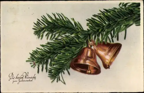 Ak Glückwunsch Neujahr, Zwei Glocken an einem Tannenzweig
