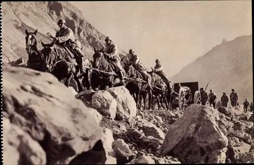 Ak A la recherche d'une position de batterie en montagne, französische Soldaten im Gebirge