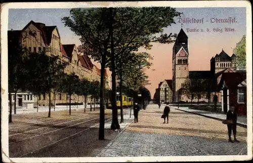 Ak Oberkassel Düsseldorf am Rhein, Partie von der Lueg Allee, Kirche