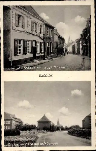 Ak Waldniel Schwalmtal am Niederrhein, Lange Straße, Evangelische Kirche, Eickener Straße, Schule