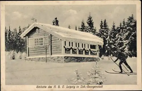 Ak Johanngeorgenstadt im Erzgebirge, Skihütte des ASC Leipzig, Winter