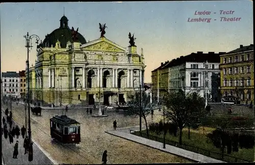 Ak Lwów Lemberg Ukraine, Teatr, Theater, Straßenbahn