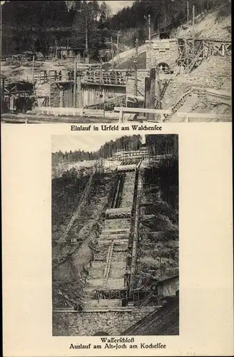 Ak Urfeld Kochel am See, Walchenseekraftwerk im Bau, Wasserschloss, Einlauf, Auslauf am Altjoch