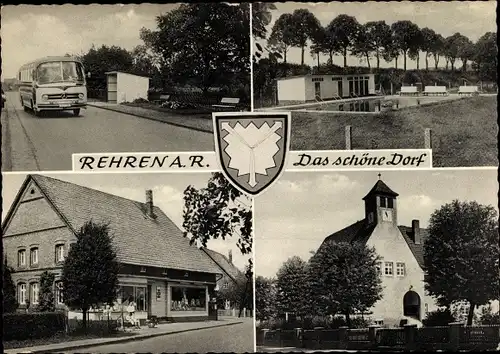 Ak Rehren AR Hohnhorst im Kreis Schaumburg, Dorfpartie, Geschäft, Kirche, Freibad, Bus, Wappen