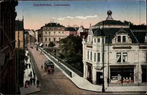 Ak Saarbrücken im Saarland, Blick auf die Luisenbrücke, Geschäft Leonhard Bauer
