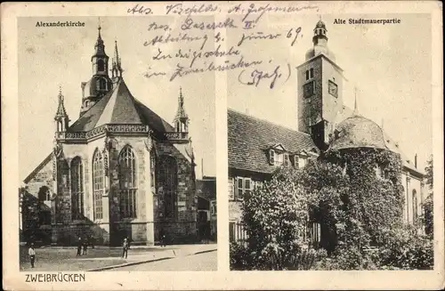 Ak Zweibrücken in der Pfalz, Alexanderkirche, Alte Stadtmauerpartie