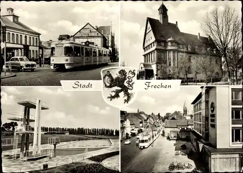 Wappen Ak Frechen Nordrhein Westfalen, Hauptstraße, Rathaus, Schwimmstadion, Straßenbahn