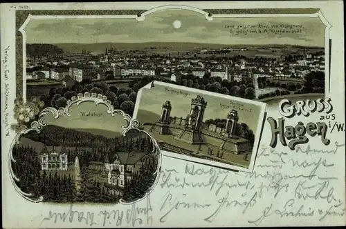 Mondschein Litho Hagen in Westfalen, Denkmal Kaiser Wilhelm I, Waldlust, Blick auf den Ort