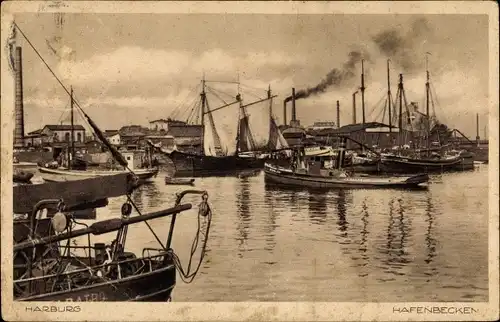 Ak Hamburg Harburg, Hafen Becken m. Booten, Fabrik