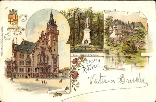 Litho Rheydt Mönchengladbach am Niederrhein, Rathaus, Kaiser W. Denkmal, Schloss, Wappen