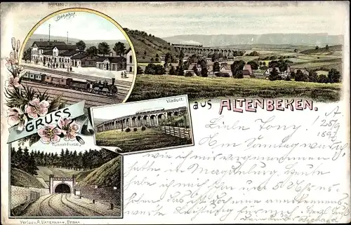 Litho Altenbeken in Westfalen, Bahnhof, Gleisseite, Tunnel, Viadukt, Blick auf den Ort