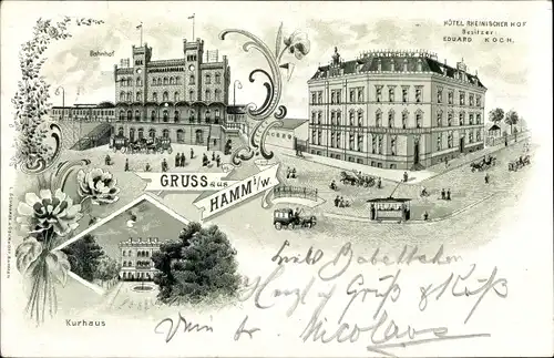 Mondschein Litho Hamm in Westfalen, Bahnhof, Kurhaus, Hotel Rheinischer Hof