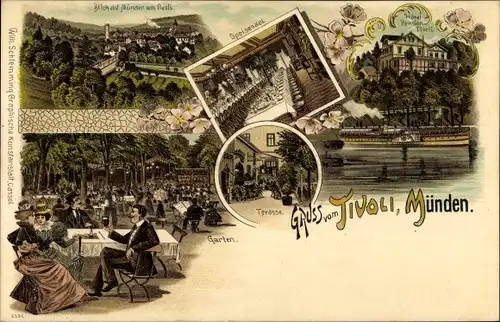 Litho Hann. Münden in Niedersachsen, Hotel Pension, Tivoli, Speisesaal, Terrassenpartie, Garten